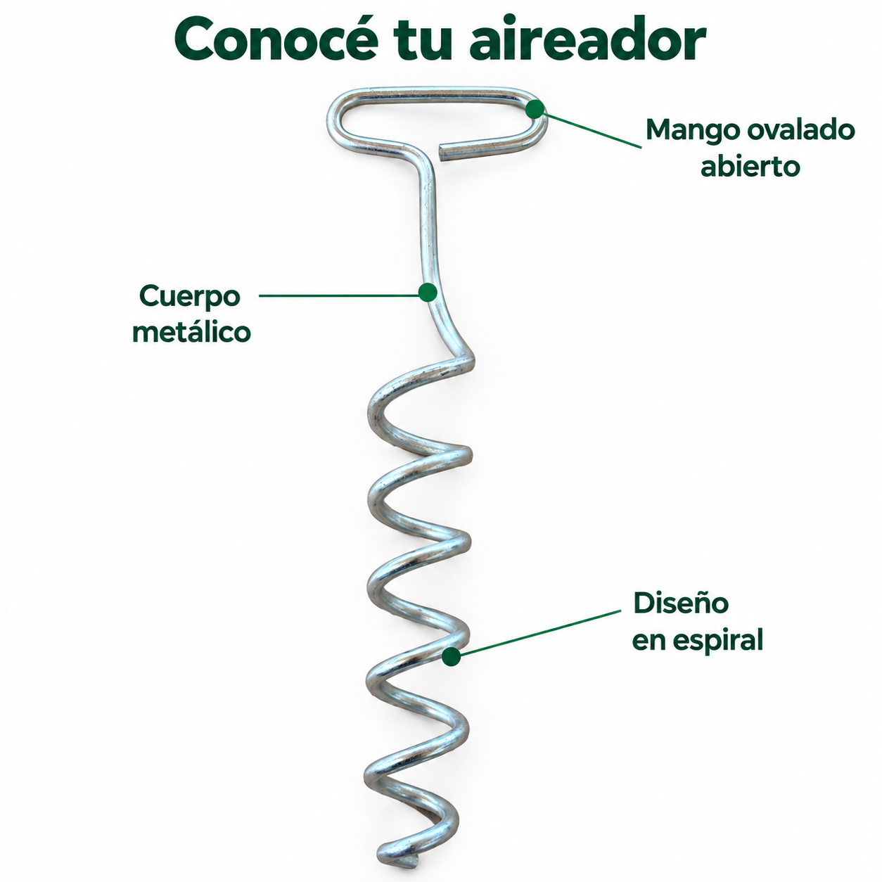 Características del aireador para compost Kompost: mango ovalado, cuerpo metálico y diseño en espiral