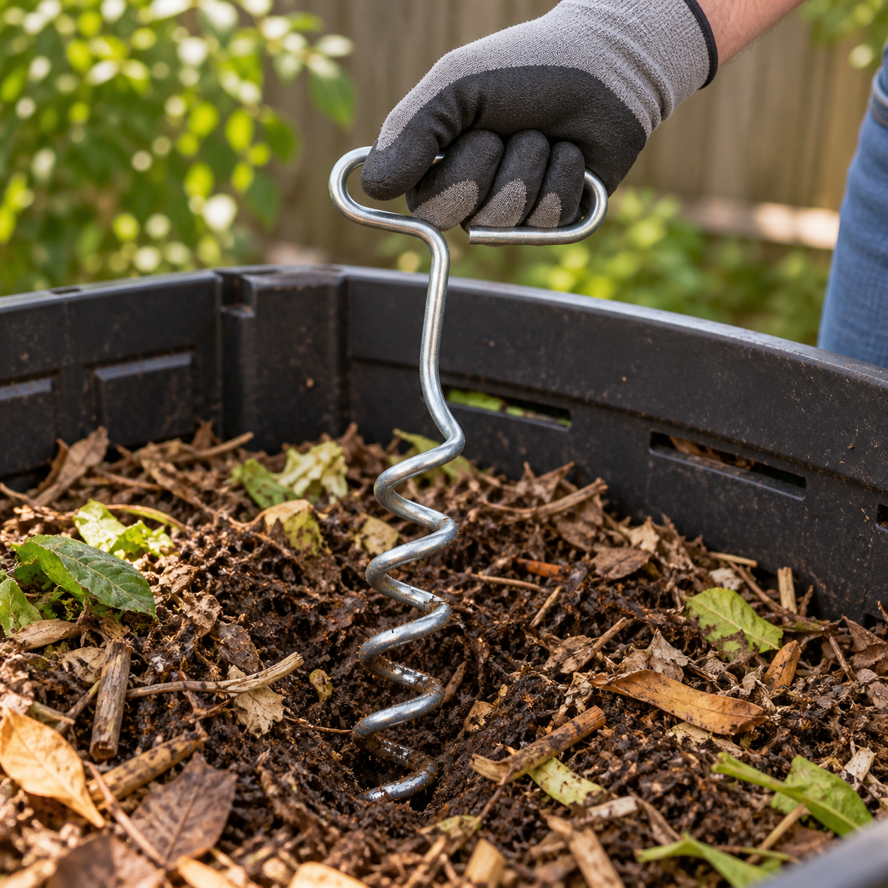 Usando el aireador Kompost para airear el compost en la compostera