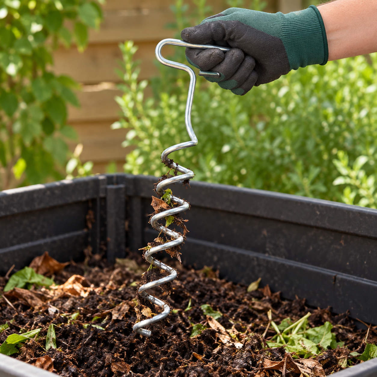 Removiendo material del compost con el aireador Kompost de 27 cm