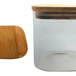 Frasco cuadrado de vidrio con tapa de bambú (800 ml)